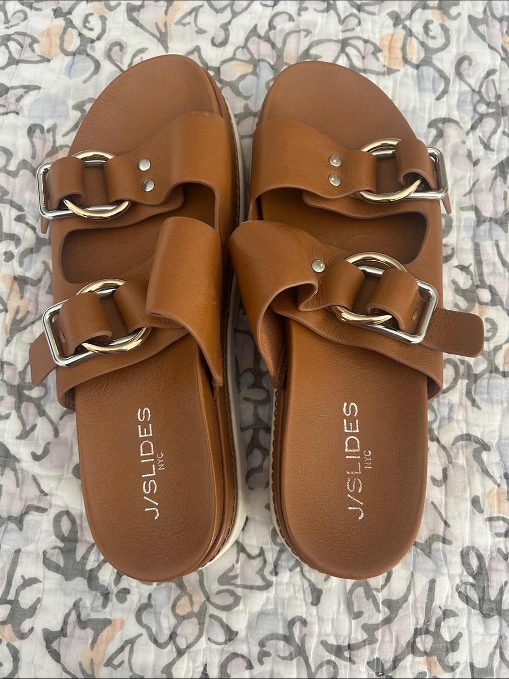 J/SLIDES Baja Tan Leather Double Buckle Slide Sandals